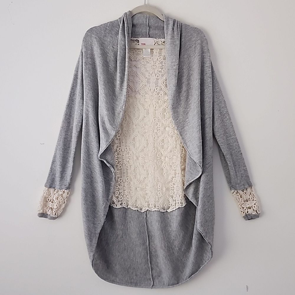 Anthropologie Yoon Bohemian Gray Lace Poet Core Back Cocoon Open Cardigan M bx33